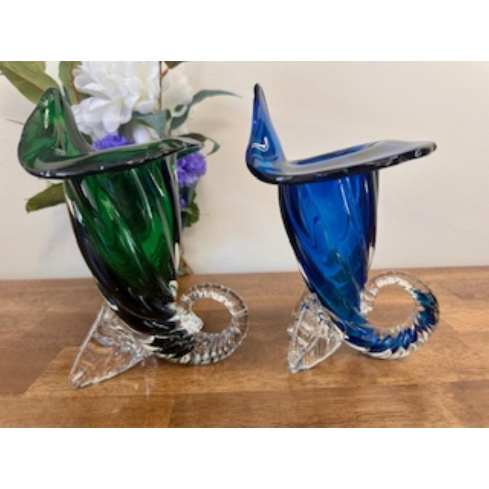 Vintage Mid Century Japanese Art Glass Cornucopia Vases Blue Green‎ Pair Decor